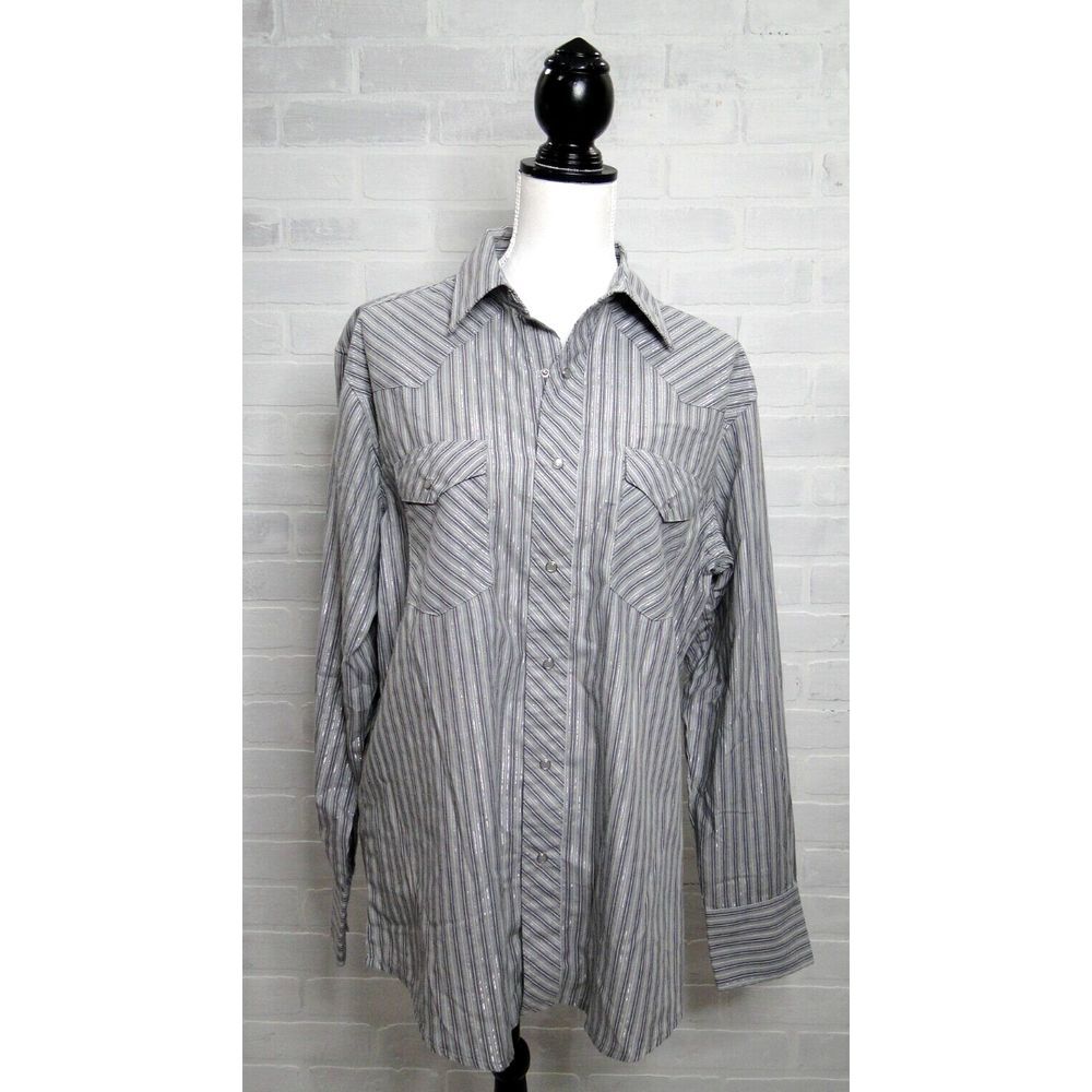Wrangler Western Shirts Mens Pearl Snap Long Sleeve Gray Striped L